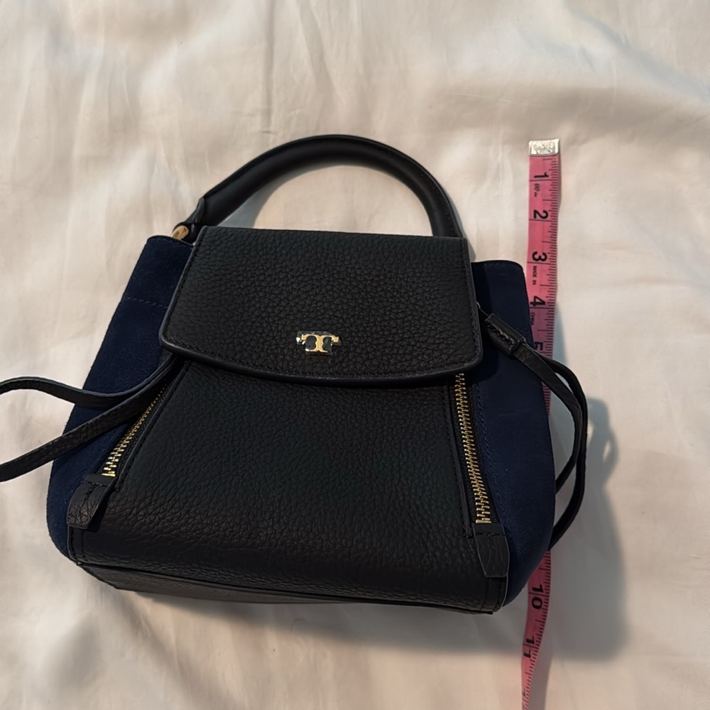 Tory Burch Half Moon Petite Mixed Material Satchel. Blue and Black. - Picture 12 of 13